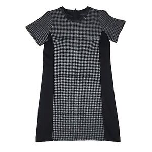 J Crew Wool Short Sleeve Dress 6 Black Gray Houndstooth Preppy Faux Leather Trim